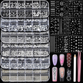 Teenitor front packaging showing full silver nail charm set and accessories for quick kits