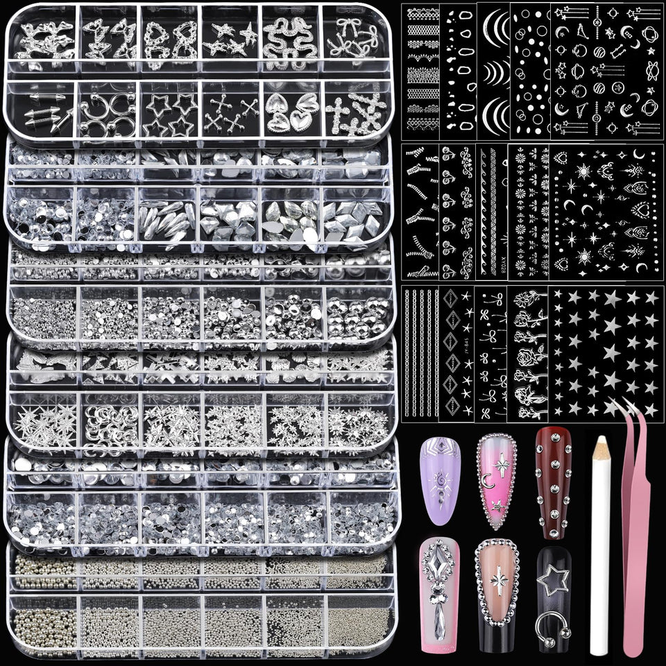 Teenitor front packaging showing full silver nail charm set and accessories for quick kits
