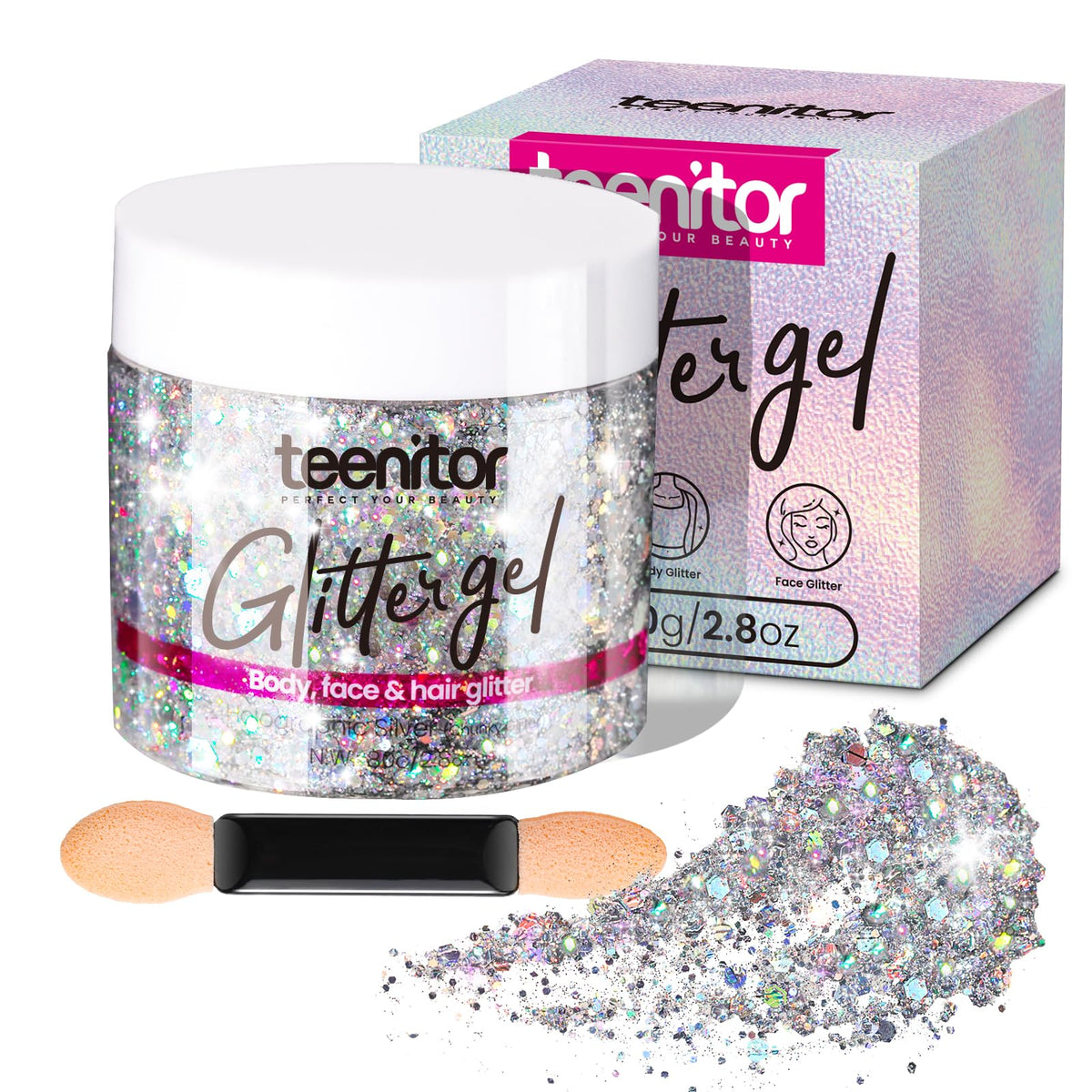 Teenitor front packaging showing silver glitter gel for bold shine