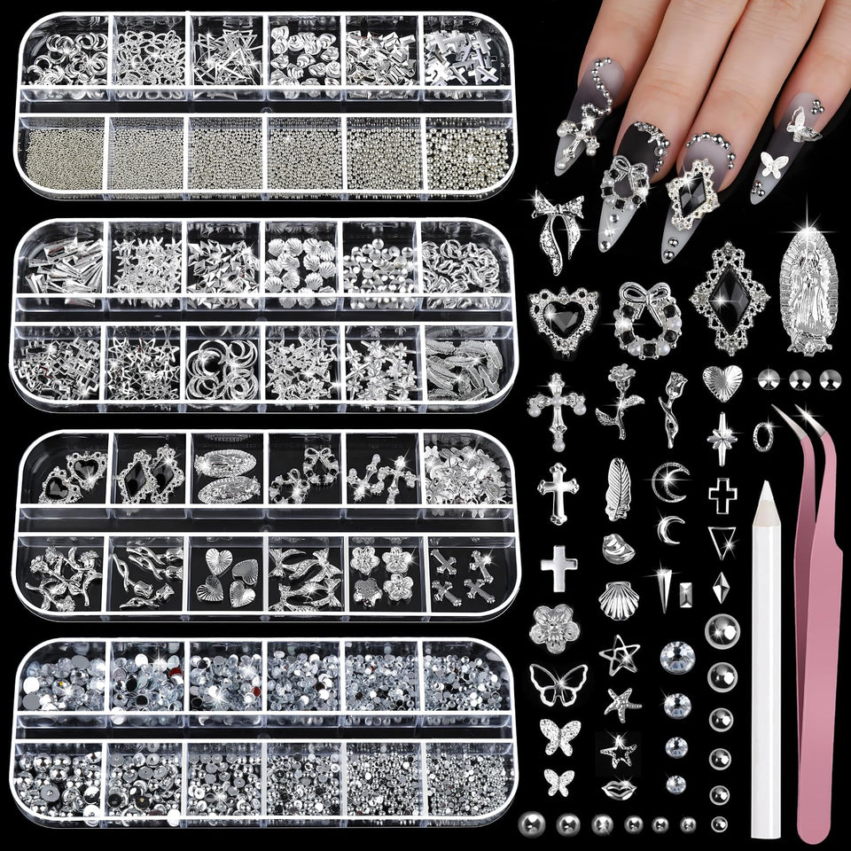 Teenitor front packaging showing four-box silver nail charms kit and tools for versatile designs