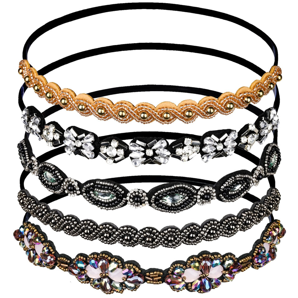 Teenitor front view of all five jeweled headbands showing variety and style