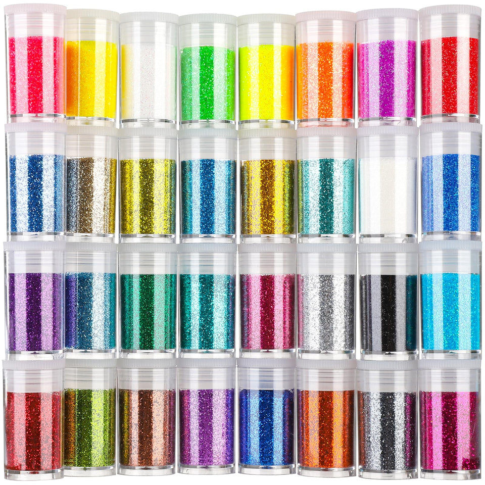 Teenitor front packaging showing all 32 sealed jars and color variety for crafts