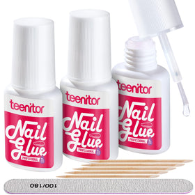 Teenitor front packaging showing three glue bottles and tools for reliable adhesion