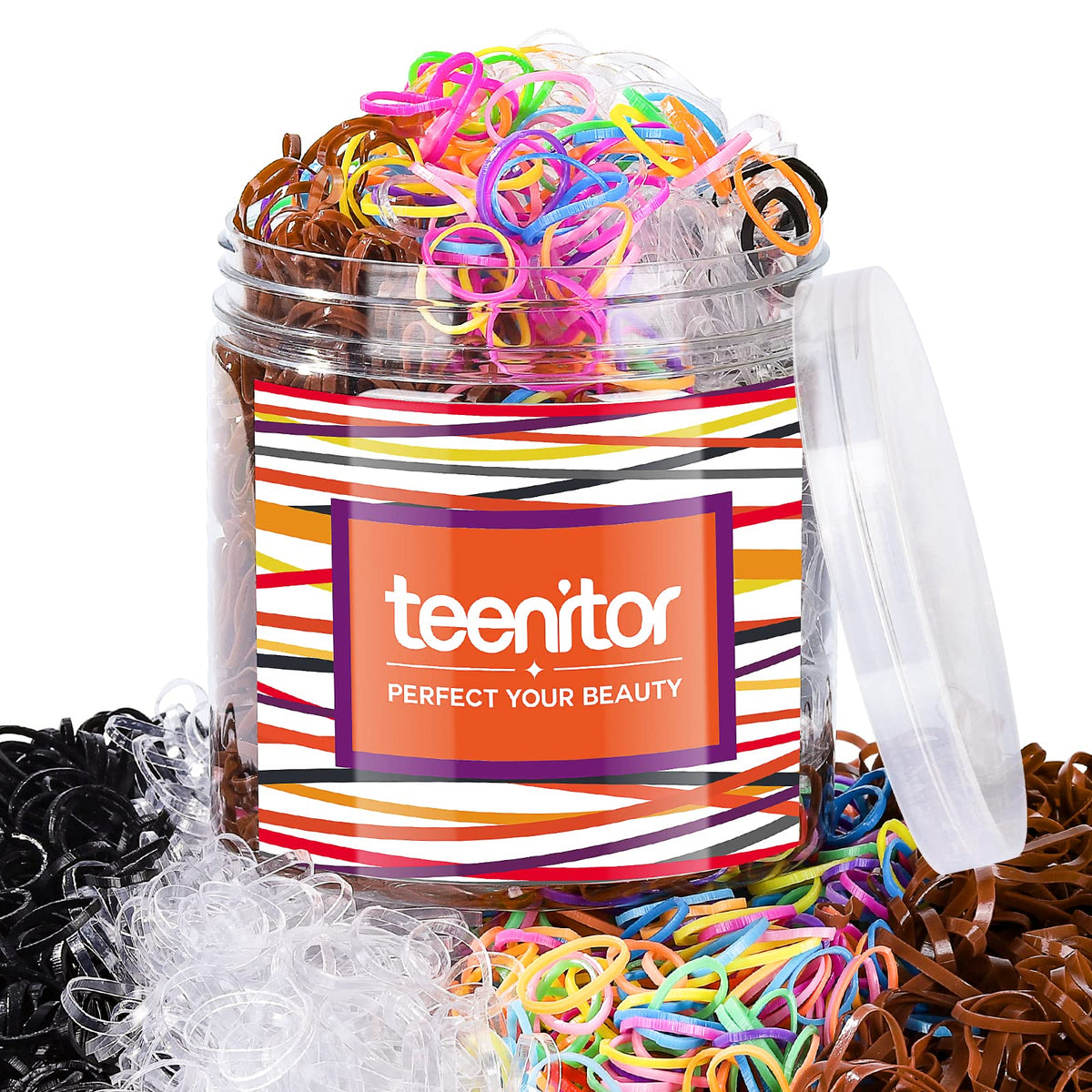 Teenitor front packaging showing 2000pcs mini hair bands and color mix for convenience