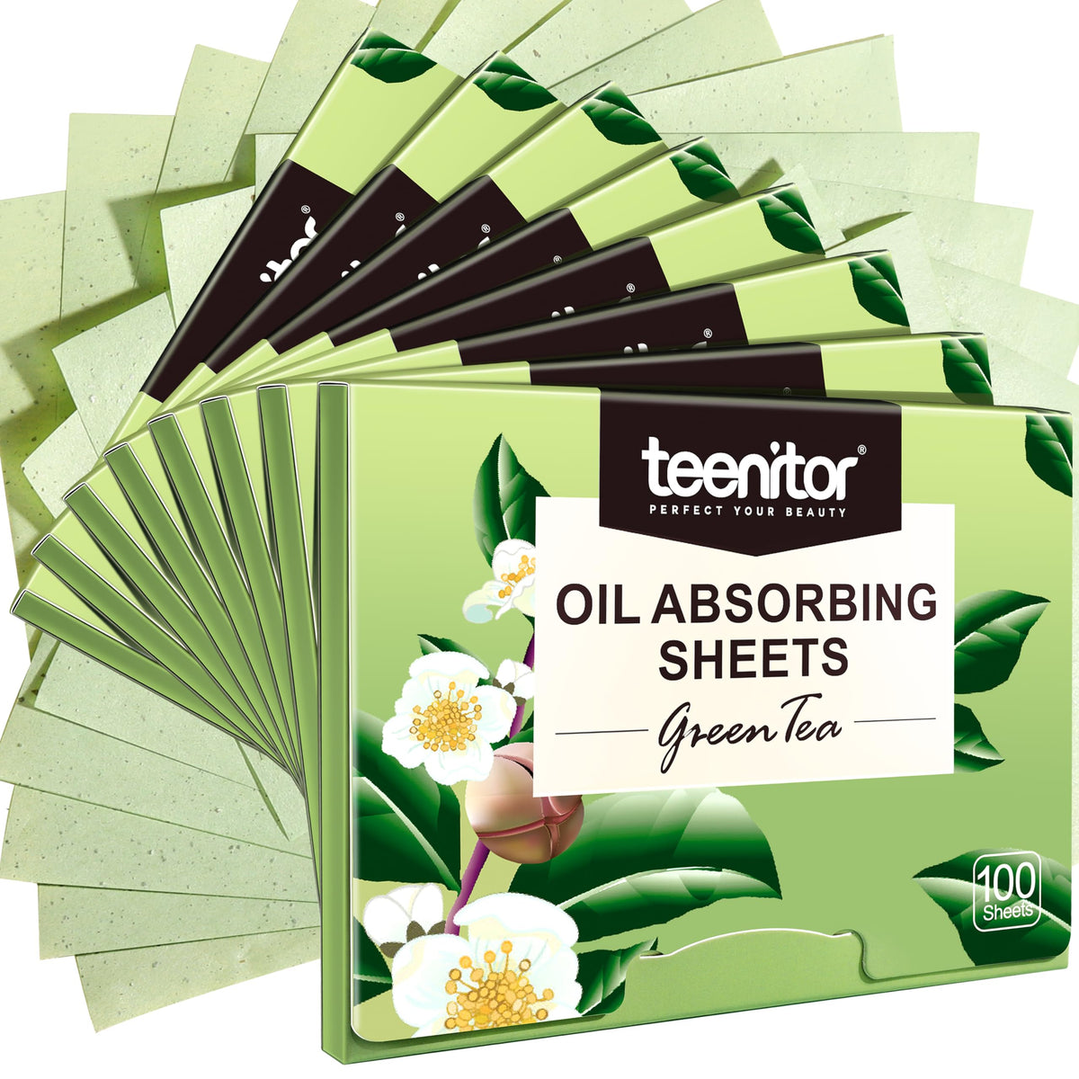 Teenitor front packaging showing eight compact green tea blotting packs and benefit of long-lasting supply