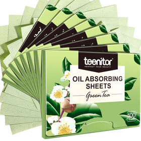 Teenitor front packaging showing eight compact green tea blotting packs and benefit of long-lasting supply