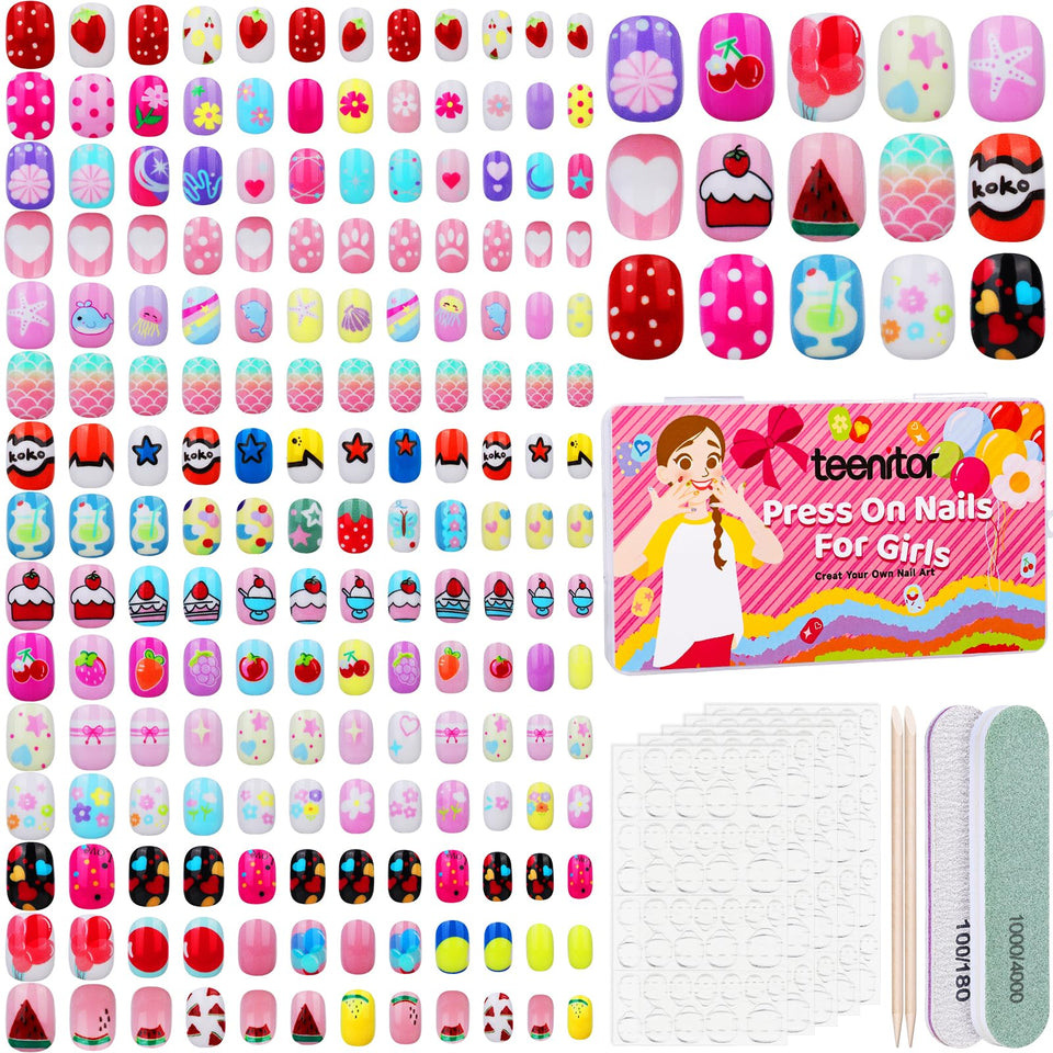 Teenitor front packaging showing full 360-piece kids nail set and variety