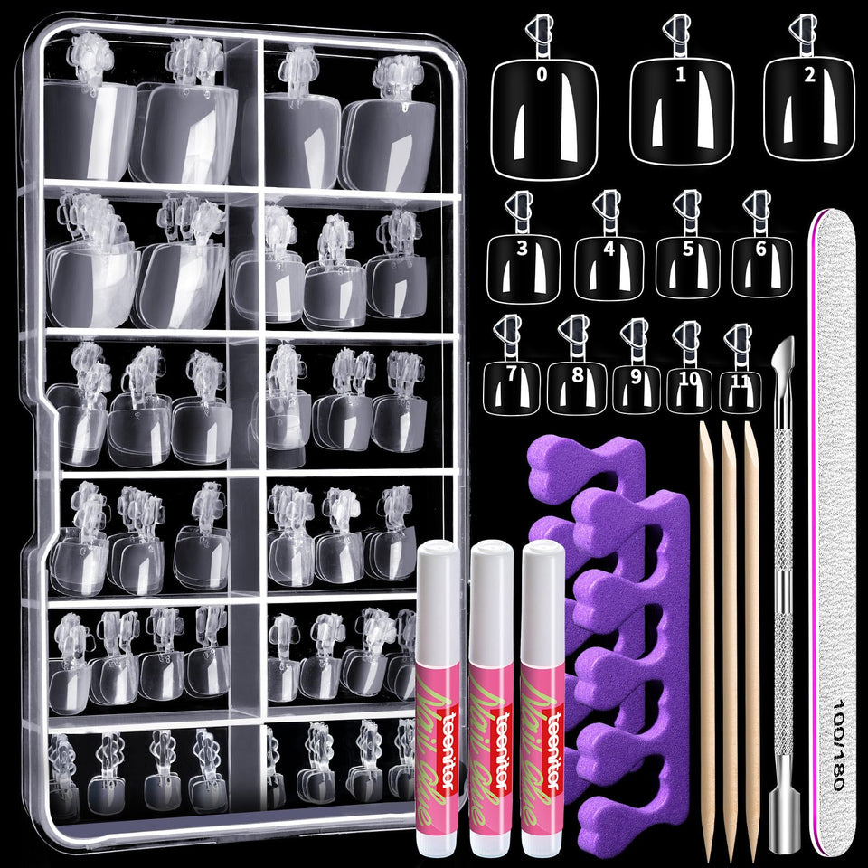 Teenitor front packaging showing full press on toenail kit for easy home pedicures