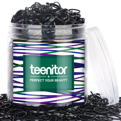 Teenitor front packaging showing 2000 black mini hair bands and quantity benefit