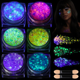 Teenitor front packaging showing six glow-in-the-dark gels for festival makeup and portability