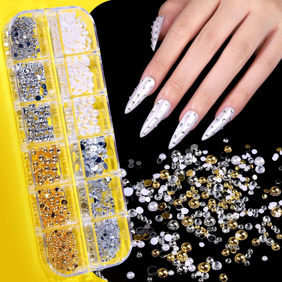 Teenitor nail gems and pearls flatlay offering varied sizes for customizable decoration