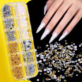 Teenitor nail gems and pearls flatlay offering varied sizes for customizable decoration