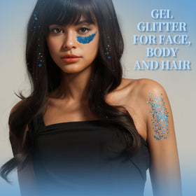 Teenitor blue glitter applied on cheekbone creating festival-ready sparkle and glow