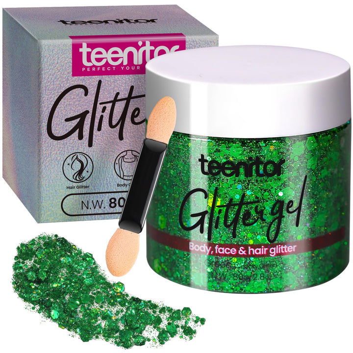 Teenitor front packaging showing glitter gel bottle and label, clear product benefit