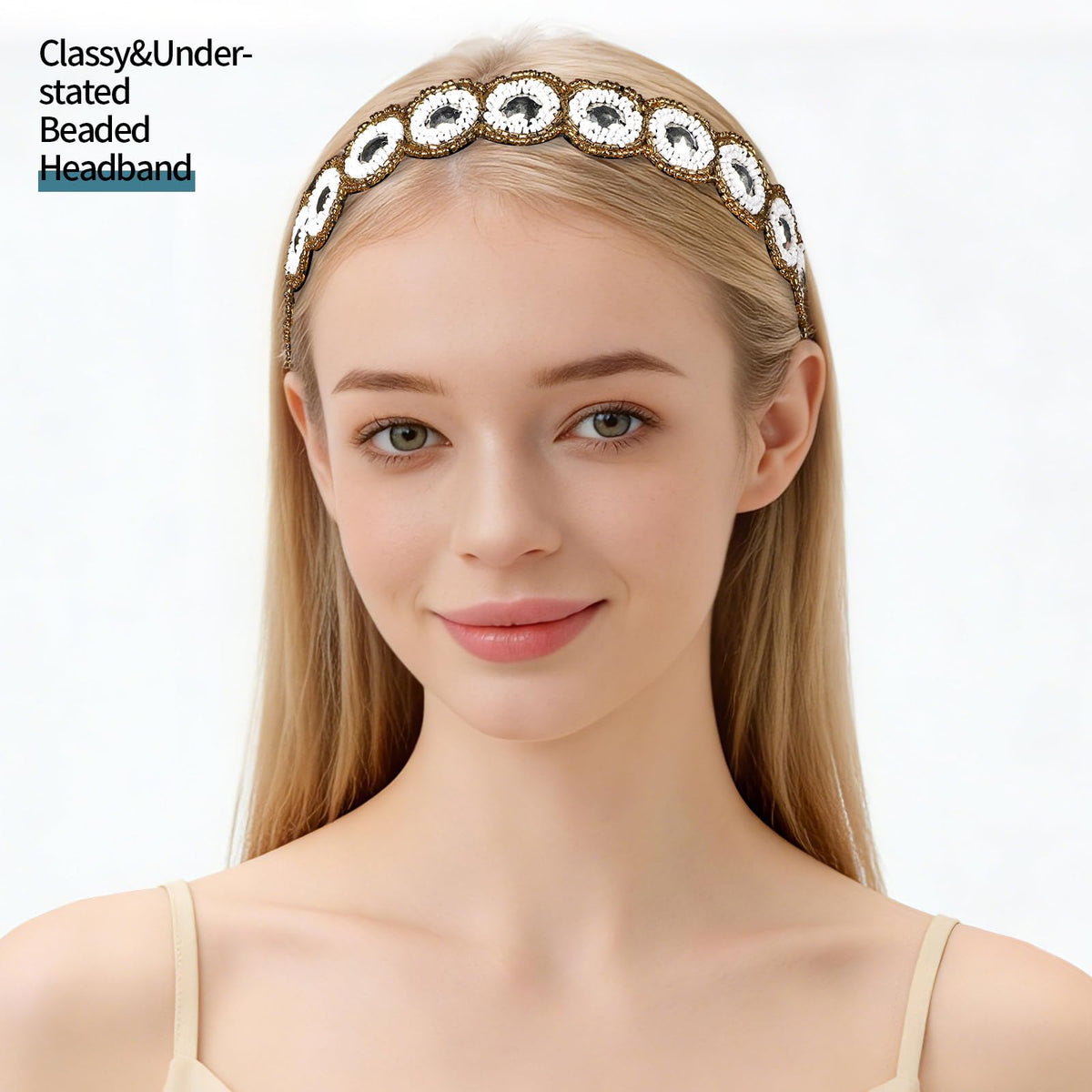 Teenitor headband worn by model adding glamour to a casual outfit