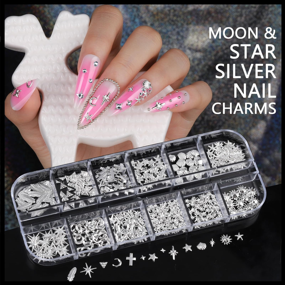 Teenitor nail application in-progress showing charm placement and layered 3D effect