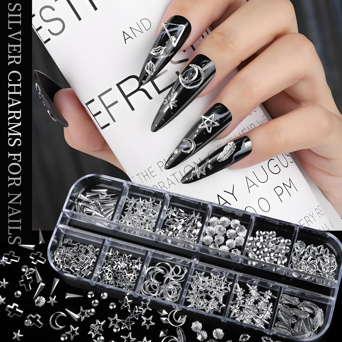 Teenitor model nails wearing mixed silver charms and gems to showcase social-ready results