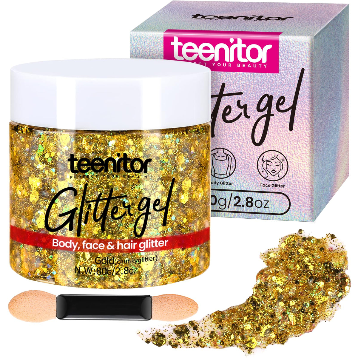 Teenitor jar front showing gold glitter gel and label benefit
