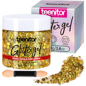 Teenitor jar front showing gold glitter gel and label benefit