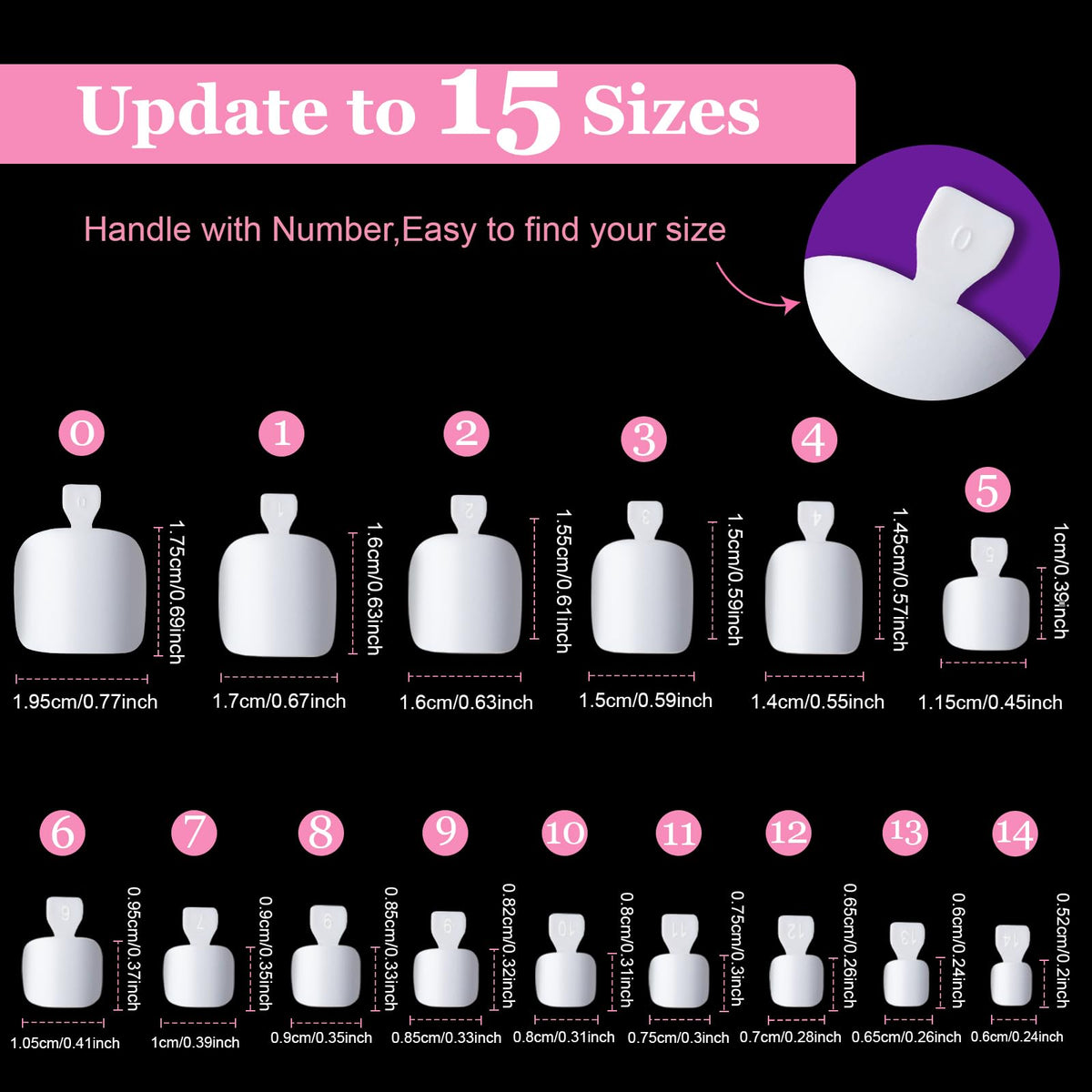 Teenitor close-up of 15 sizes with numbered handles for quick size matching