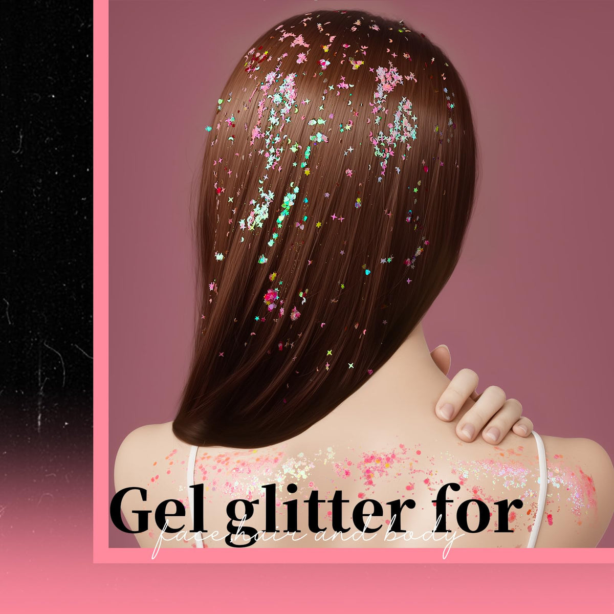 Teenitor festival makeup look on model radiating playful pink shimmer and energy