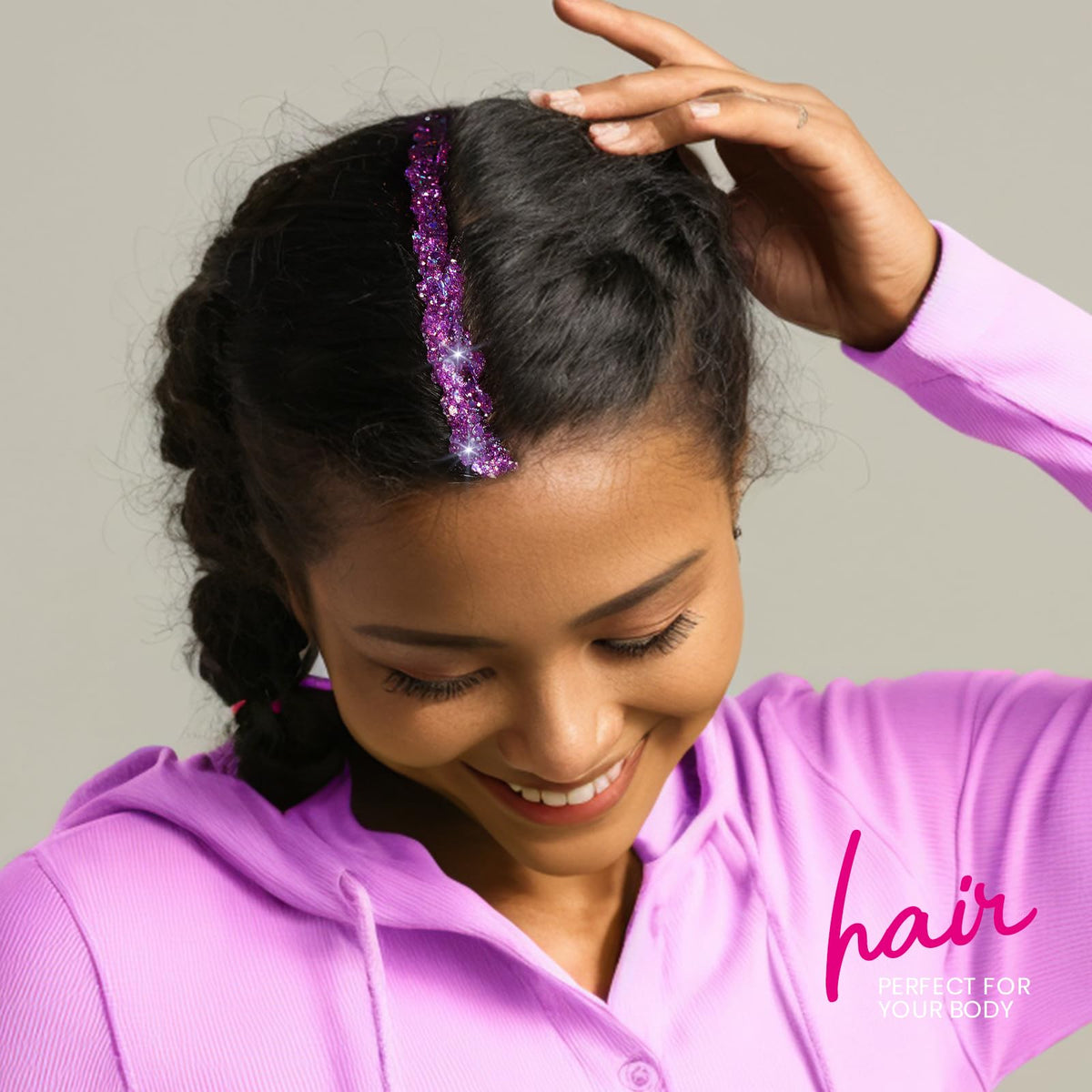 Model wearing Teenitor purple glitter at festival, eye-catching stage-ready glow