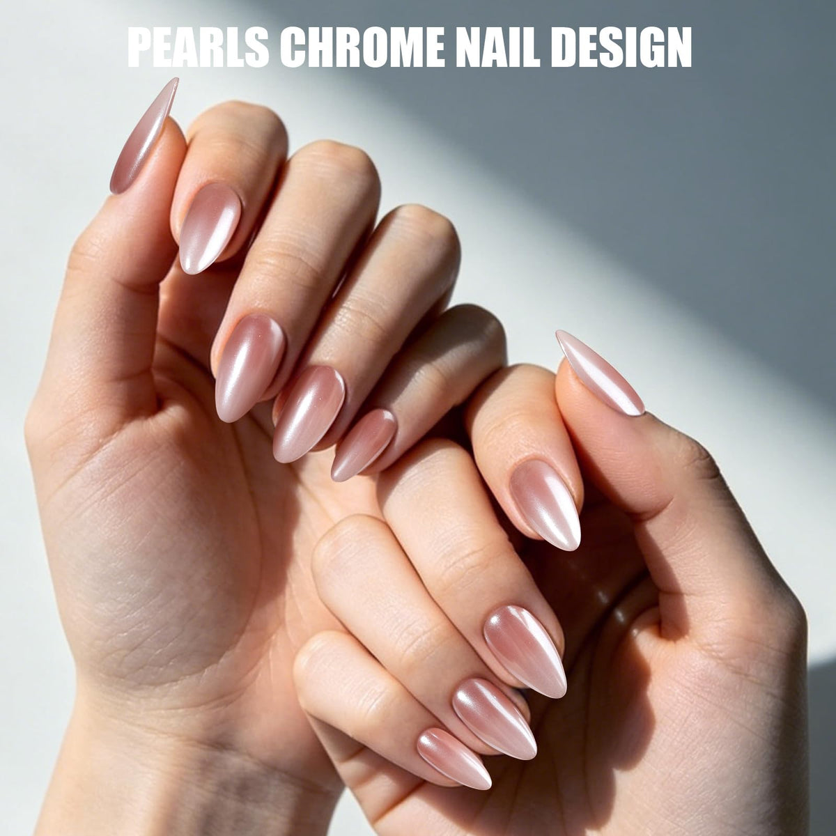 Teenitor lifestyle photo of finished chrome almond nails showcasing salon results