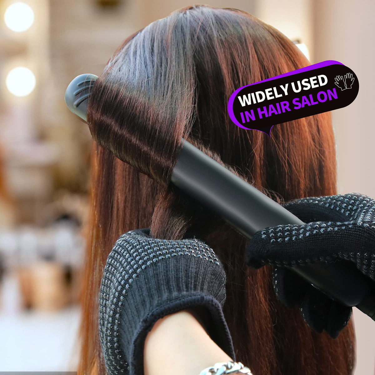 Salon scene featuring Teenitor gloves in professional hair styling use