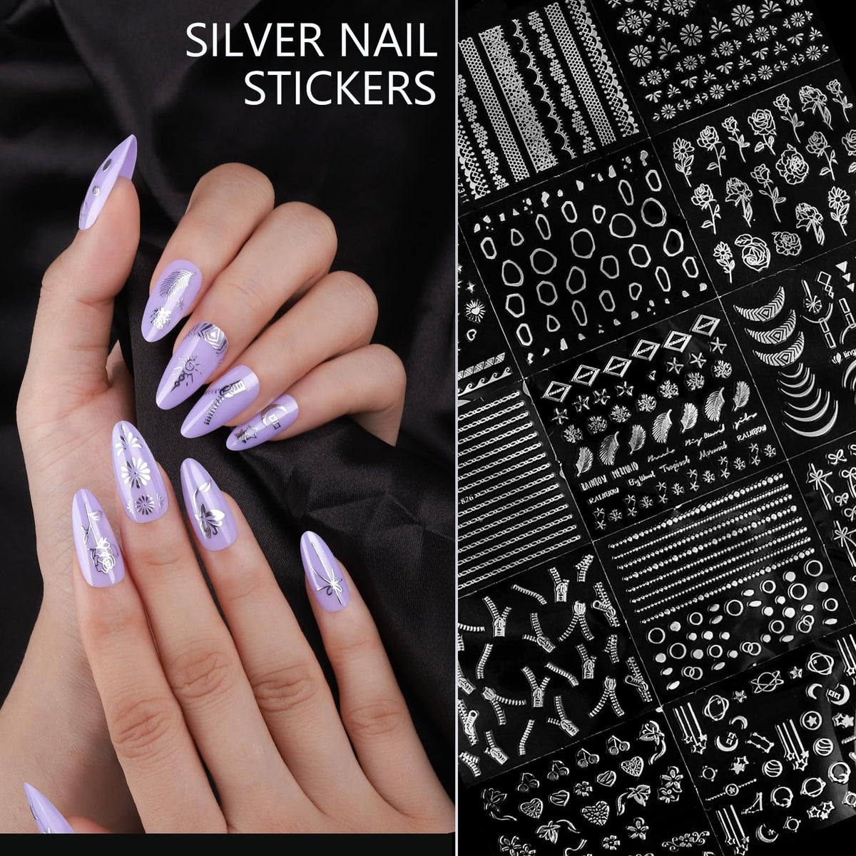Teenitor finished Y2K-style manicure on hand showcasing striking silver accents