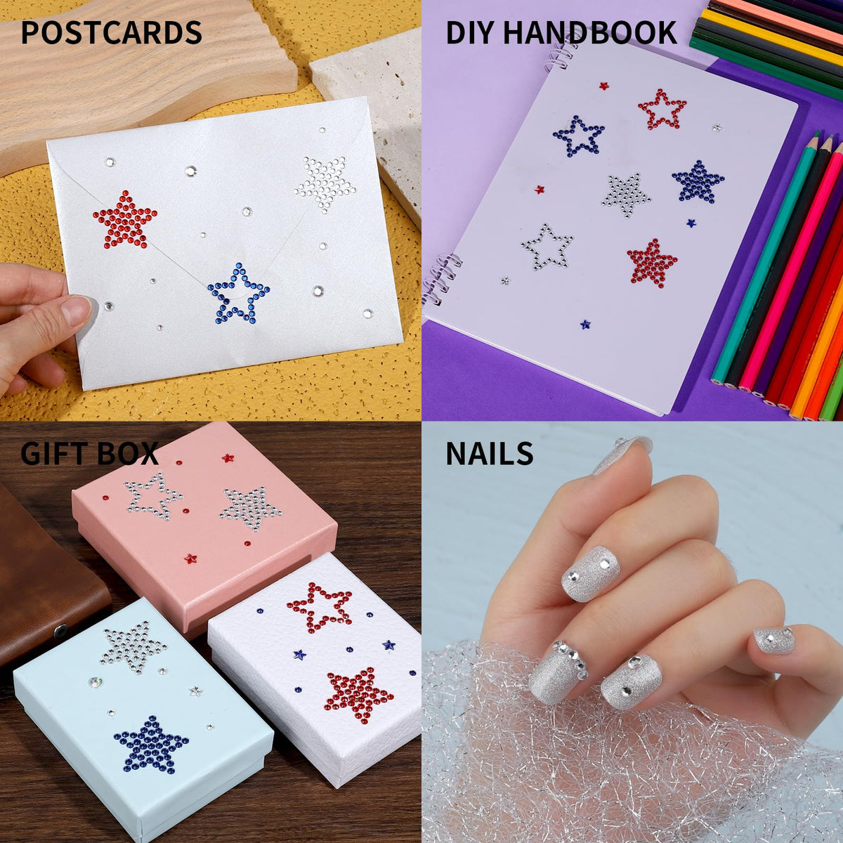 Teenitor gems applied to nails and craft project illustrating versatile decorating use