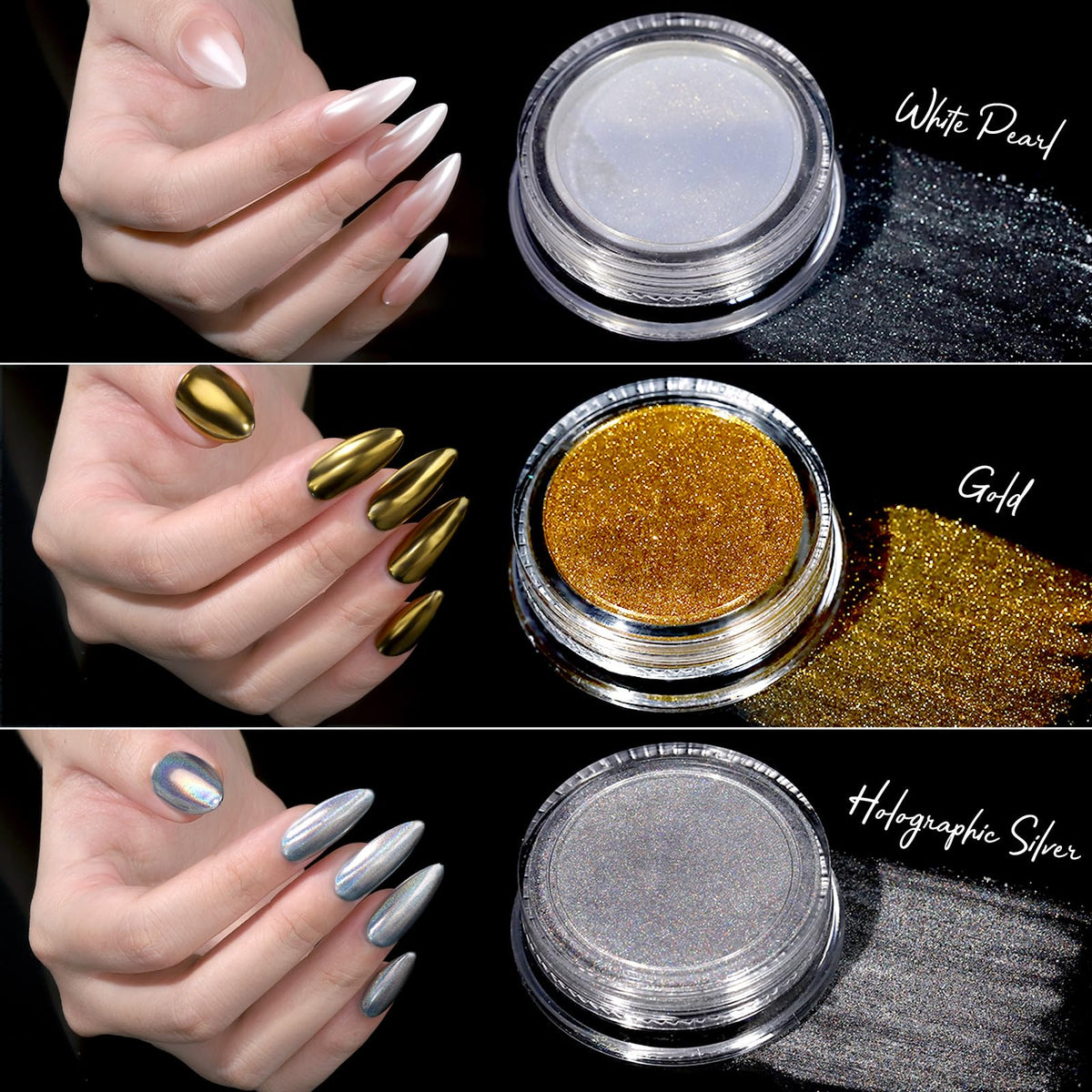 Teenitor box of gold charms and caviar beads arranged for creating textured nail art