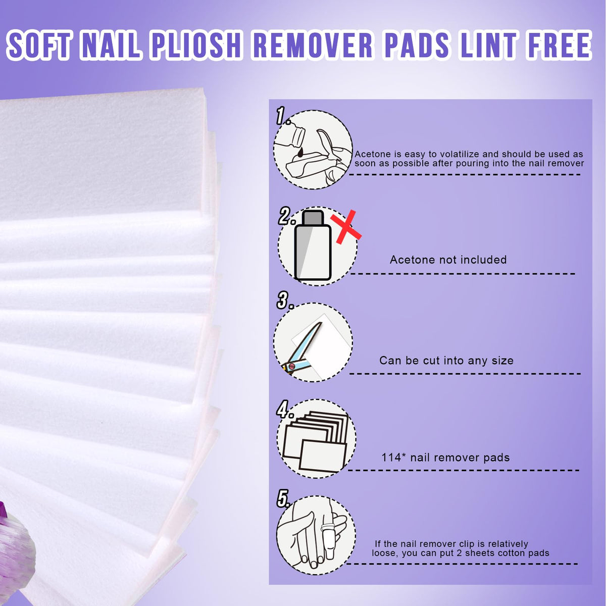 Teenitor nail remover pads laid out, absorbing acetone for faster gel lifting