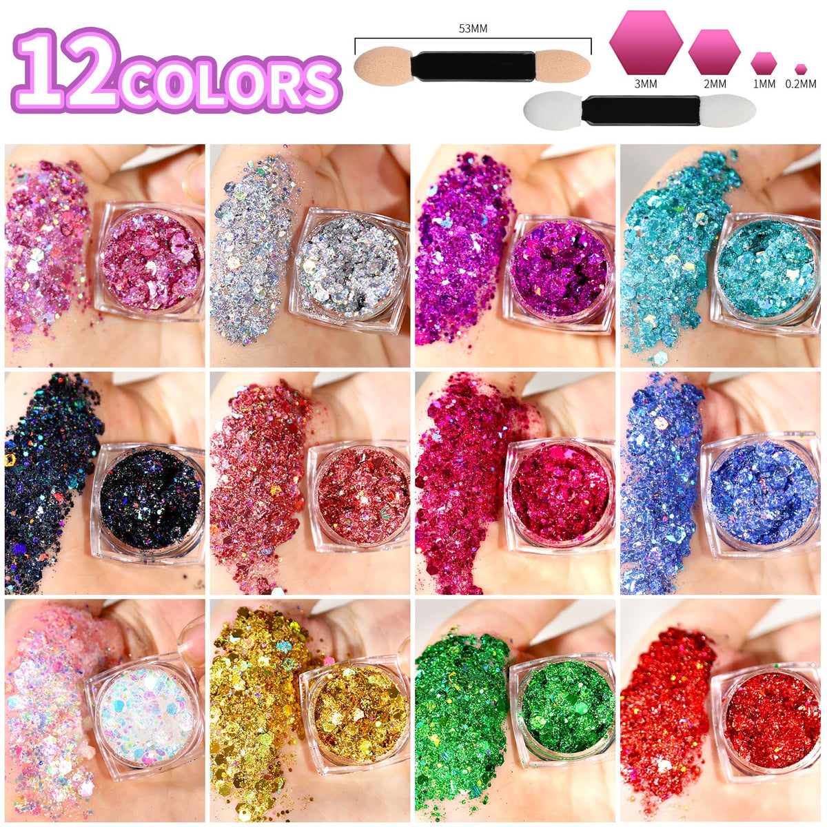 Teenitor open pots close-up displaying gel texture and mixed glitter for easy application