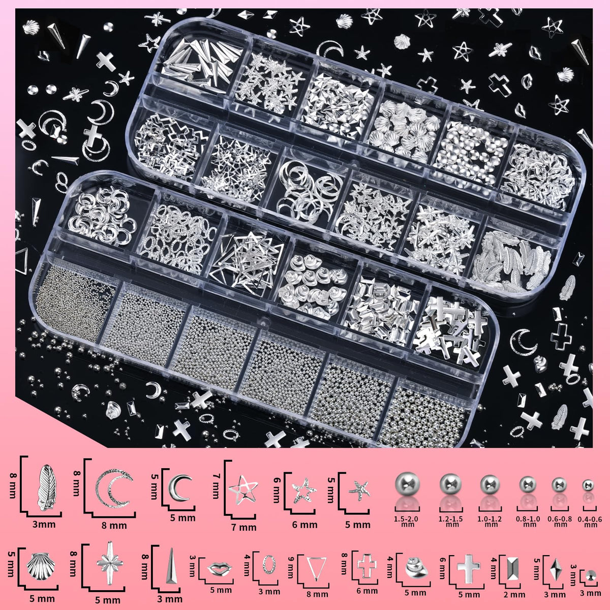 Teenitor detail of half-round silver pearls and clear rhinestones for layered nail art