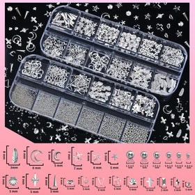 Teenitor detail of half-round silver pearls and clear rhinestones for layered nail art