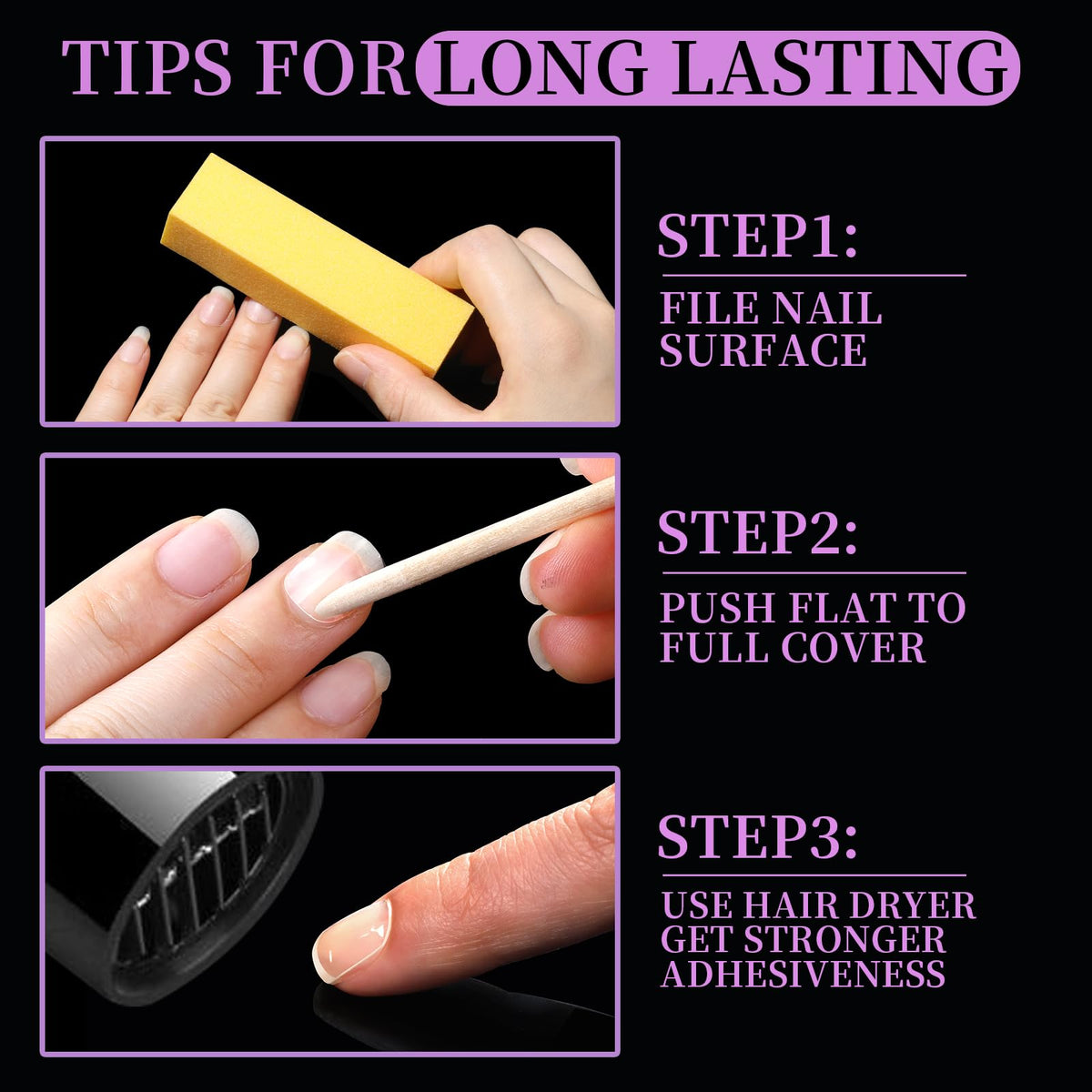 teenitor hand applying press-on nail using tab showing quick application