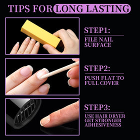 teenitor hand applying press-on nail using tab showing quick application