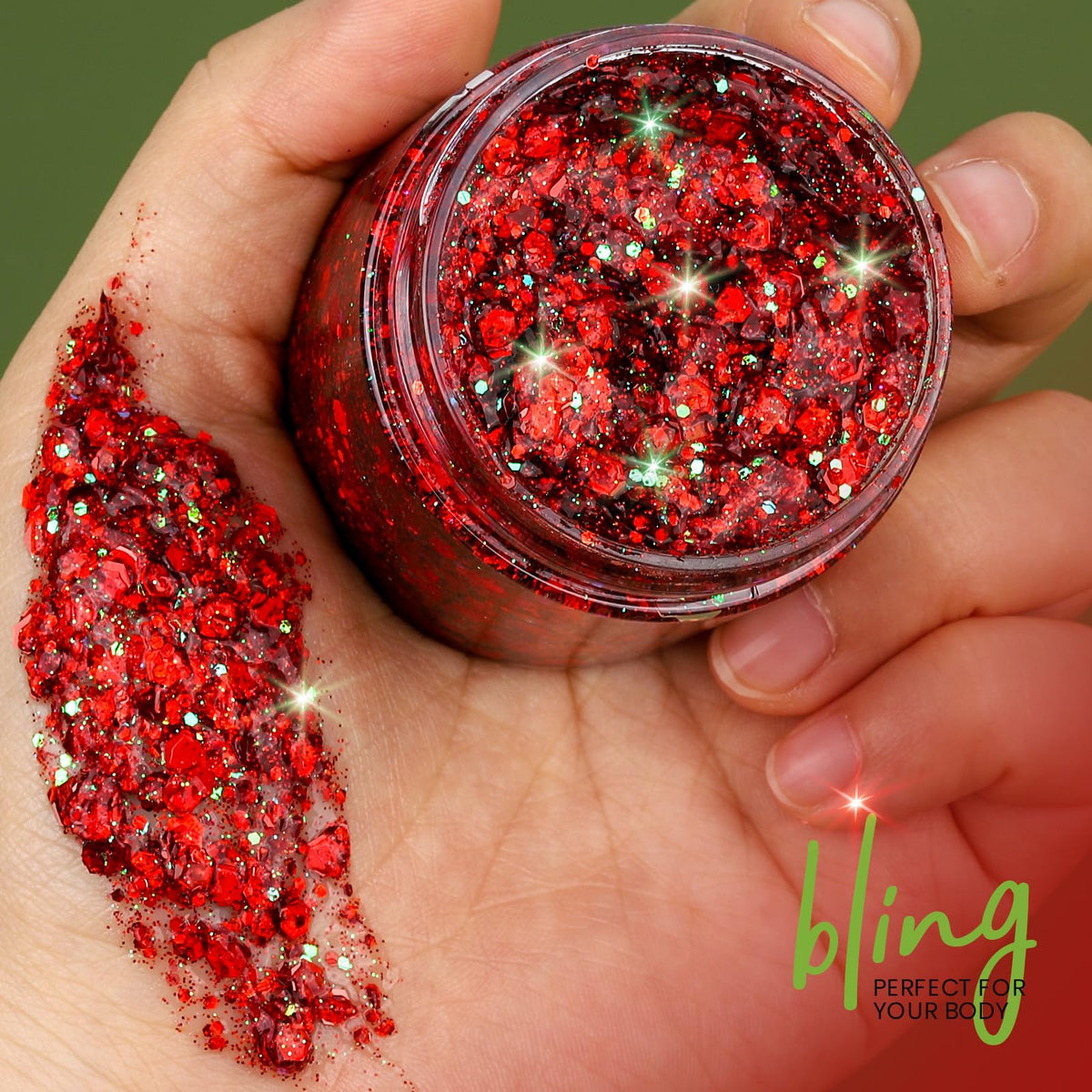 Teenitor red glitter applied on shoulder demonstrating smooth coverage and color pop