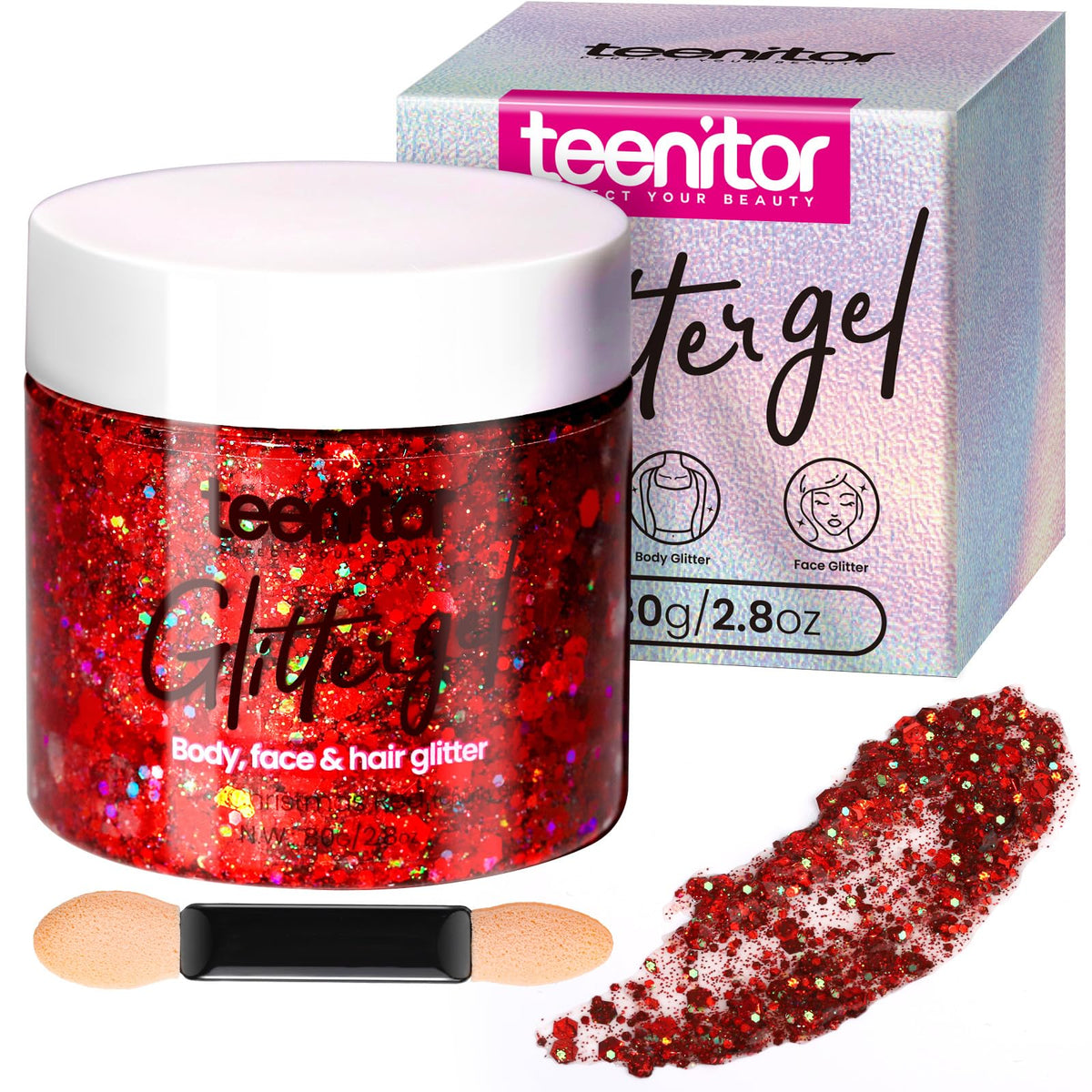 Teenitor red glitter jar front showing label and 80g size for clear choice