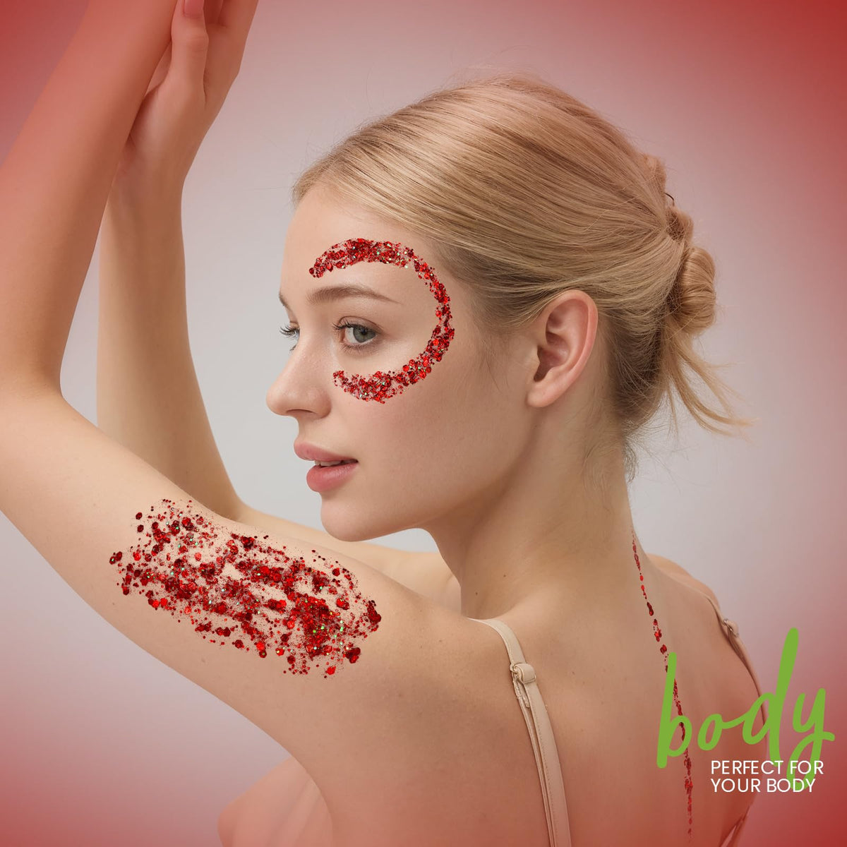 Teenitor red glitter worn at festival showing bold sparkle and festive styling