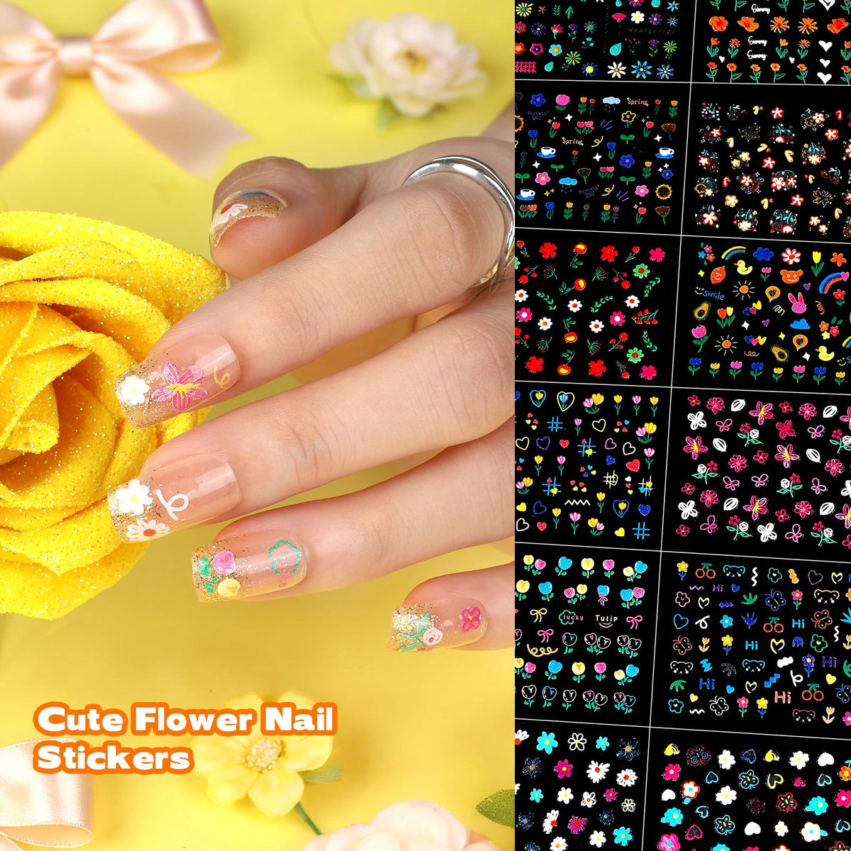 Teenitor sheet close-up of flowers and butterflies highlighting vivid colors and easy-to-peel shapes