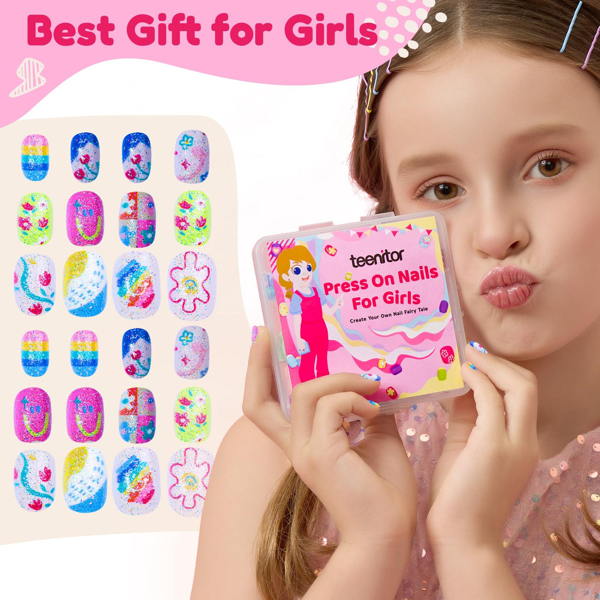 Teenitor short full-cover nails applied on a child's hand for comfortable fit