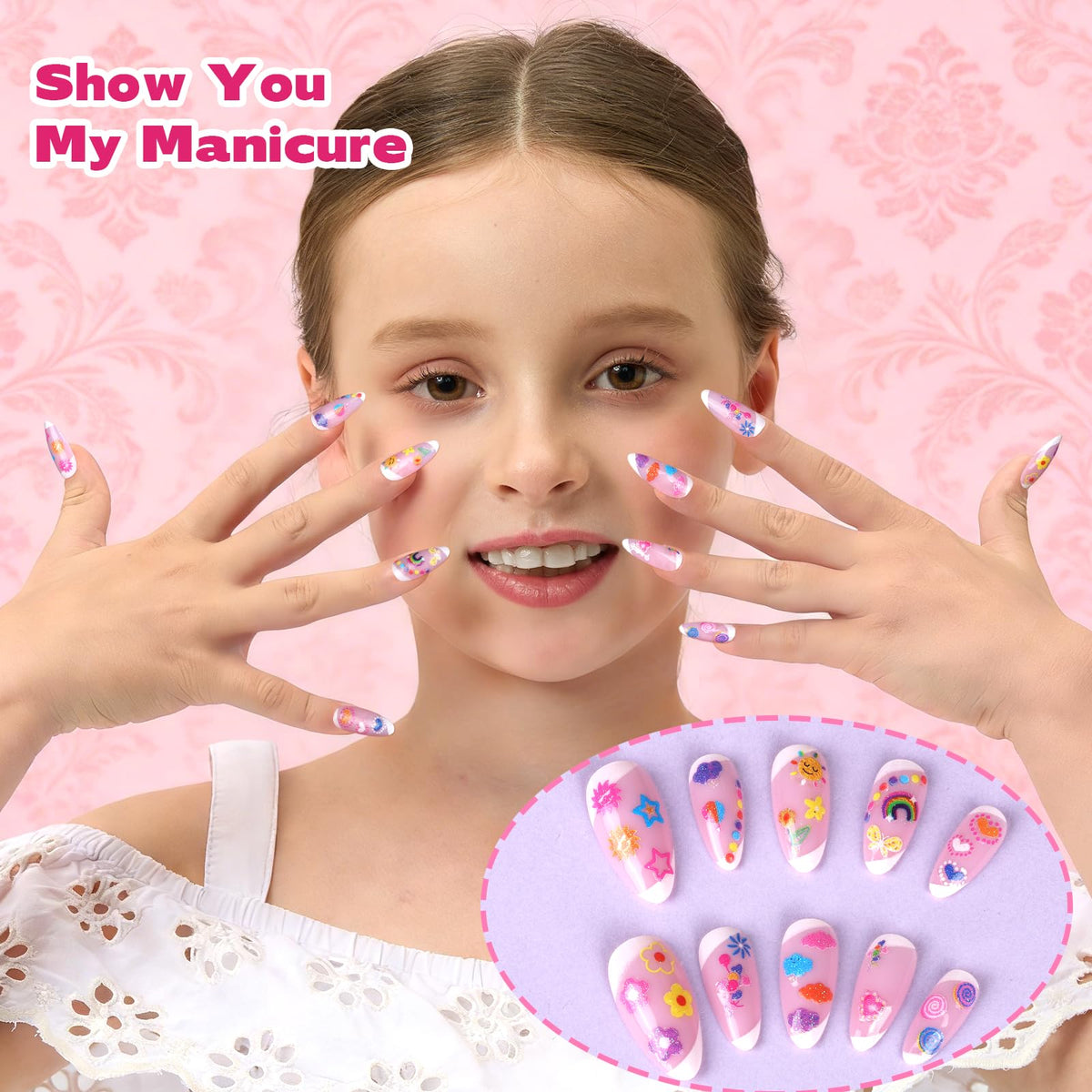 Teenitor small designs next to a coin to show scale and precise sizing for kids' nails