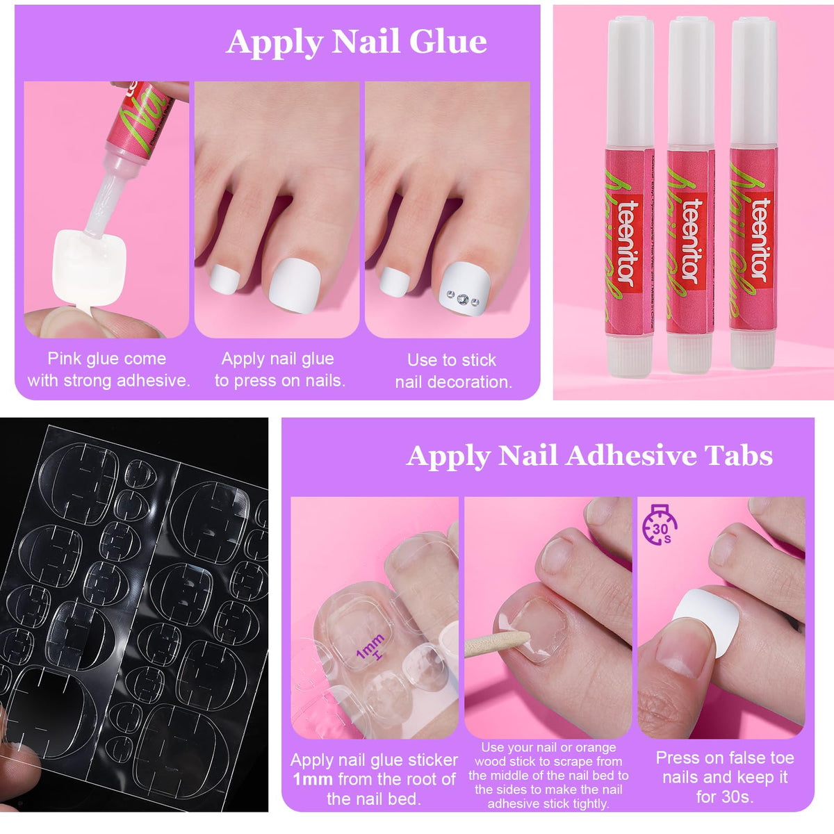Teenitor included files, cuticle pusher and wood sticks to prep and secure nails