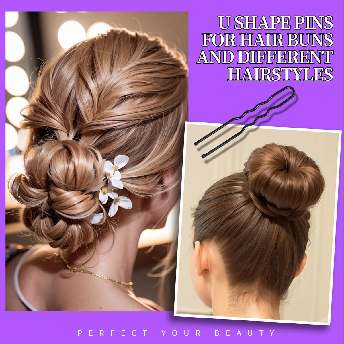 Teenitor detailed view of U-shaped bun pins demonstrating firm bun support