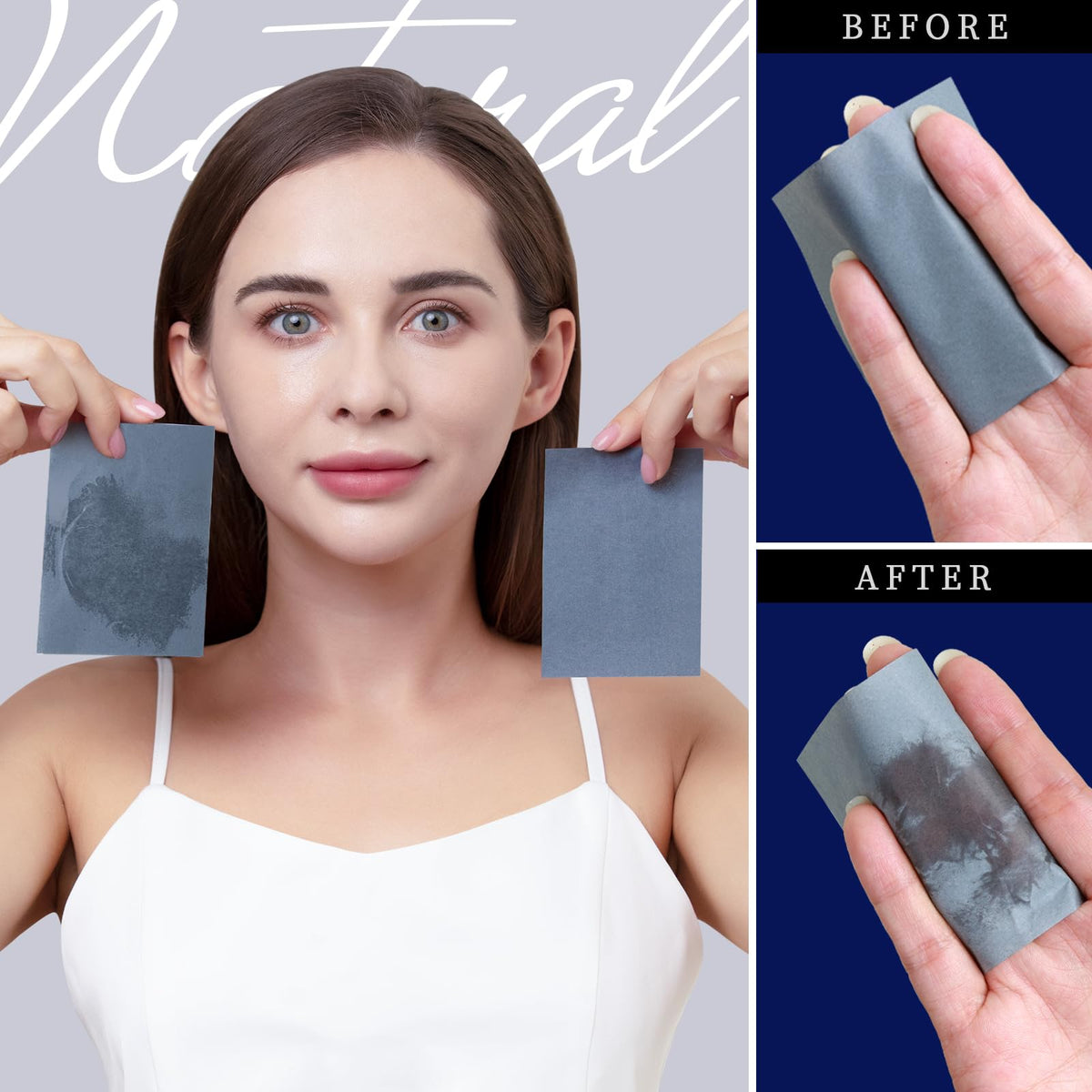 Person blotting T-zone with Teenitor sheet demonstrating matte finish benefit