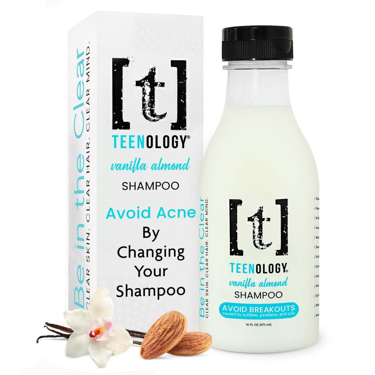 Teenology front bottle showing vanilla almond scent and clear benefits