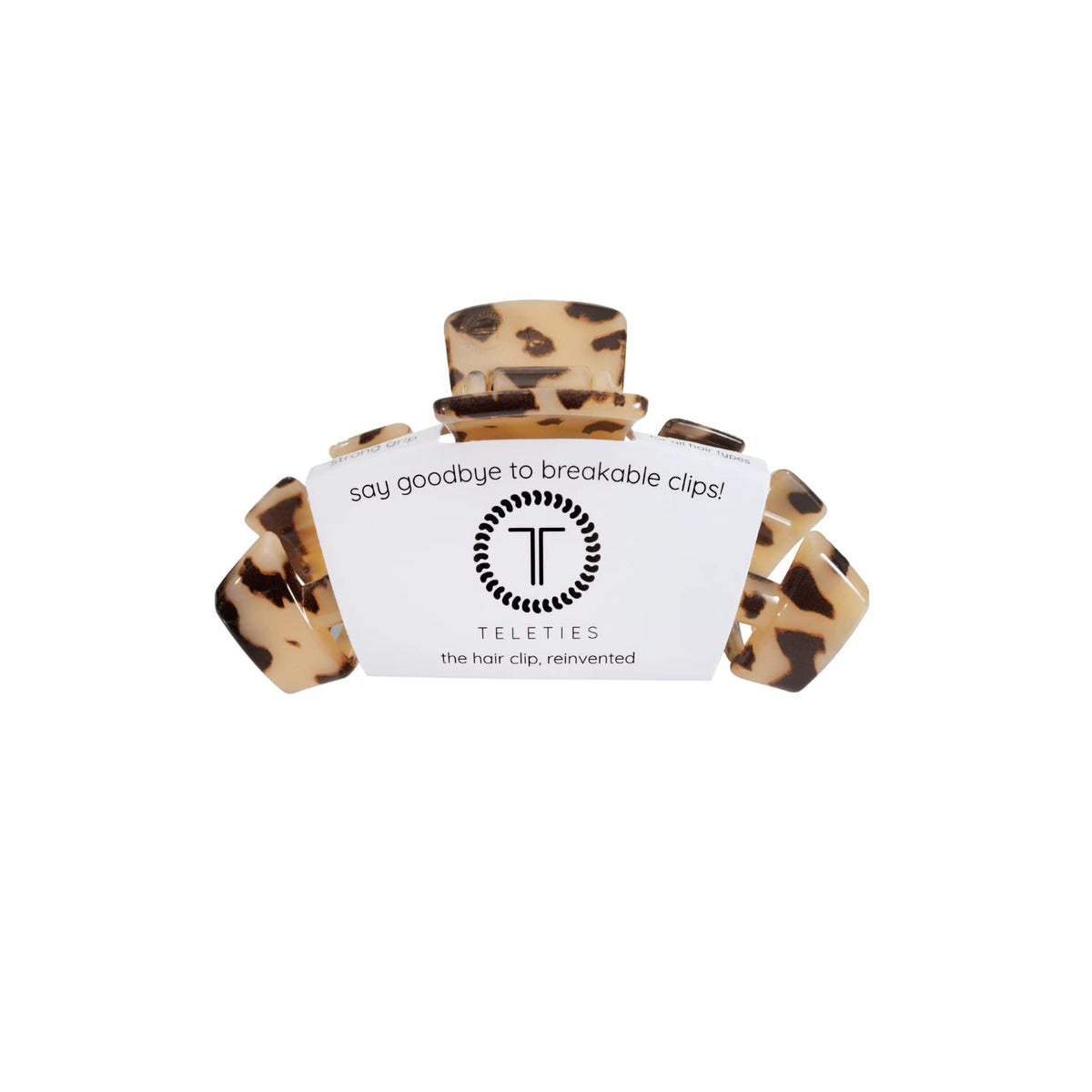 Teleties front packaging Blonde Tortoise showing polished finish and secure hold