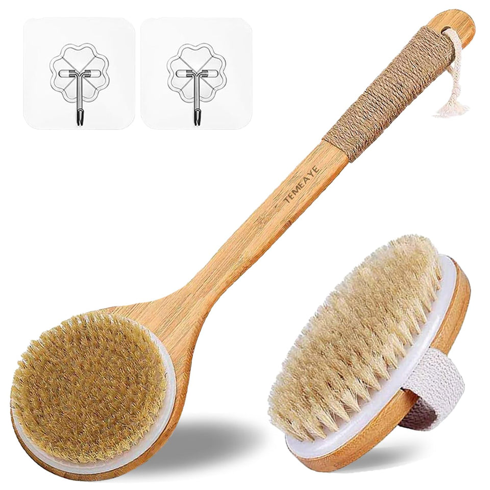 TEMEAYE long-handled brush front view showing reach and grip benefit
