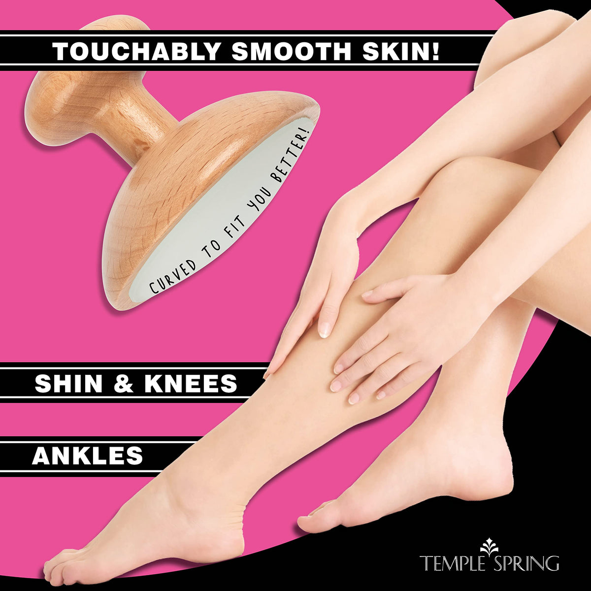 Temple Spring curved profile close-up illustrating ergonomic fit and smooth contact